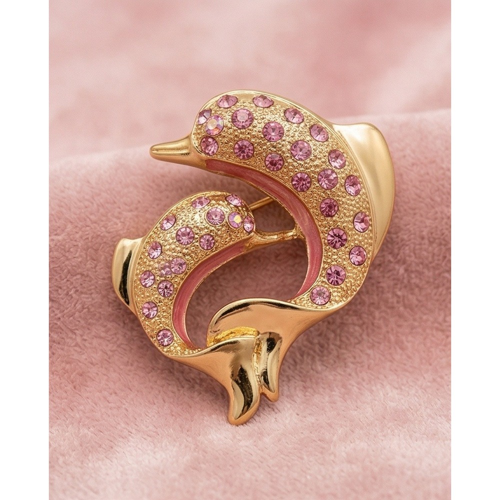 Vintage Y2K Gold Tone 2" Pink Rhinestone Double Dolphin Brooch Pin Nautical Sea